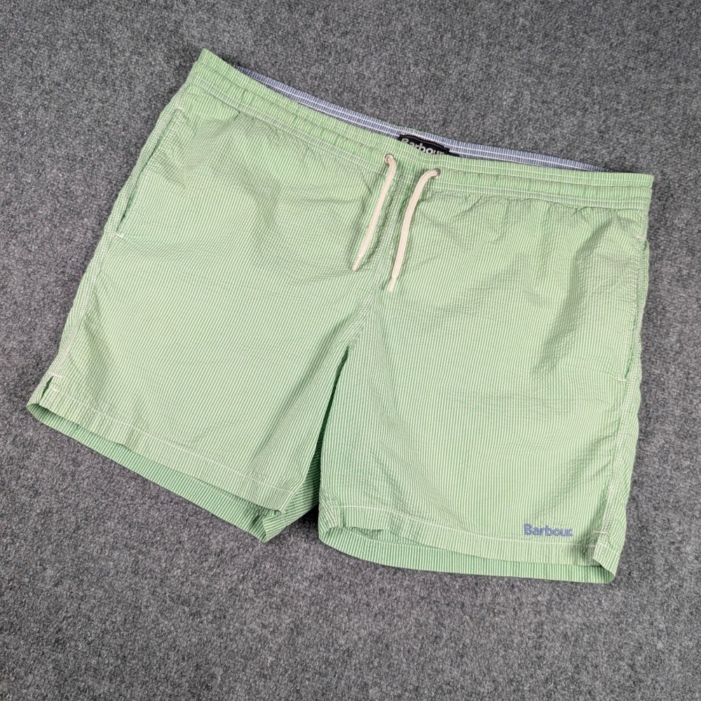 Barbour Seersucker Swim Shorts Mens L Green Striped Drawstring Mesh Lined Trunks